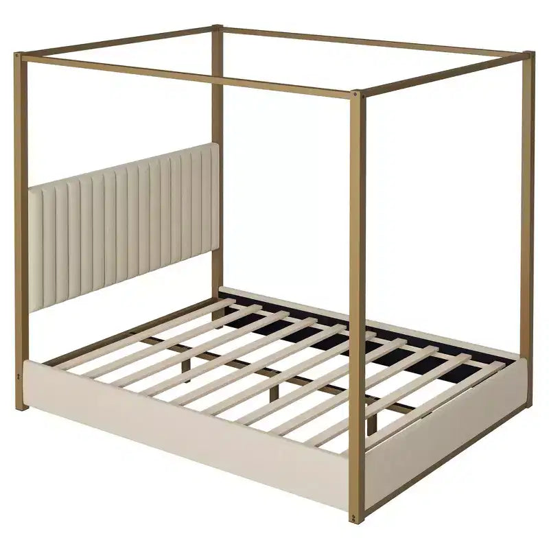 Lit plateforme à baldaquin tapissé grand lit/très grand lit avec tête de lit et cadre en métal - ModernLuxe