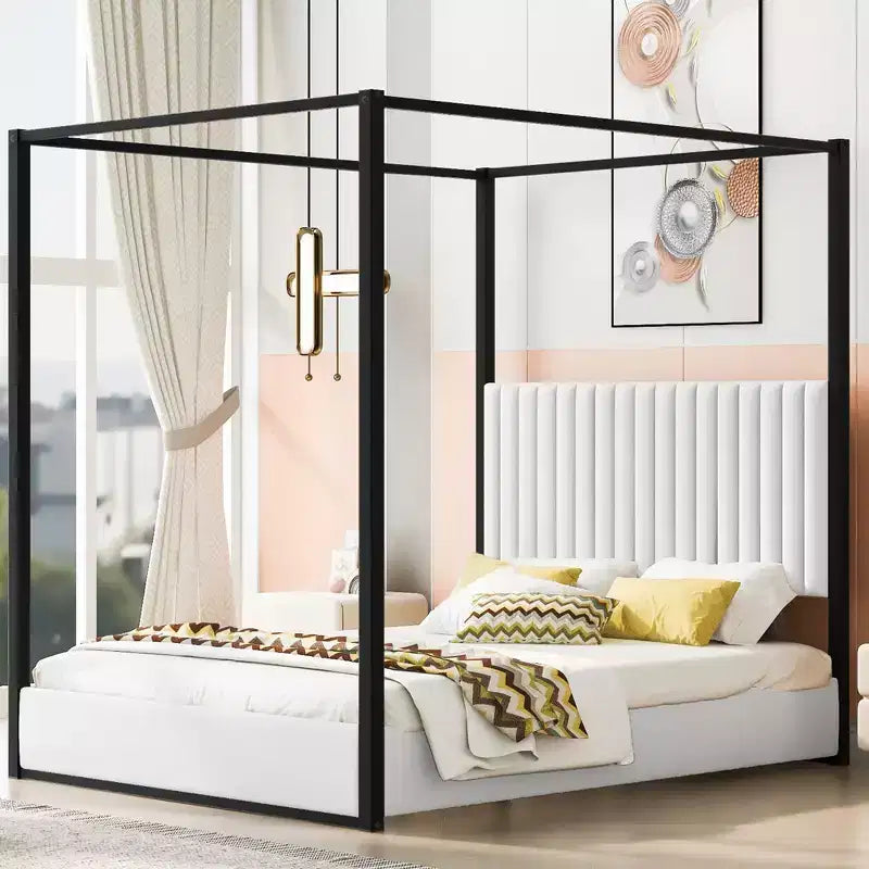 Lit plateforme à baldaquin tapissé grand lit/très grand lit avec tête de lit et cadre en métal - ModernLuxe