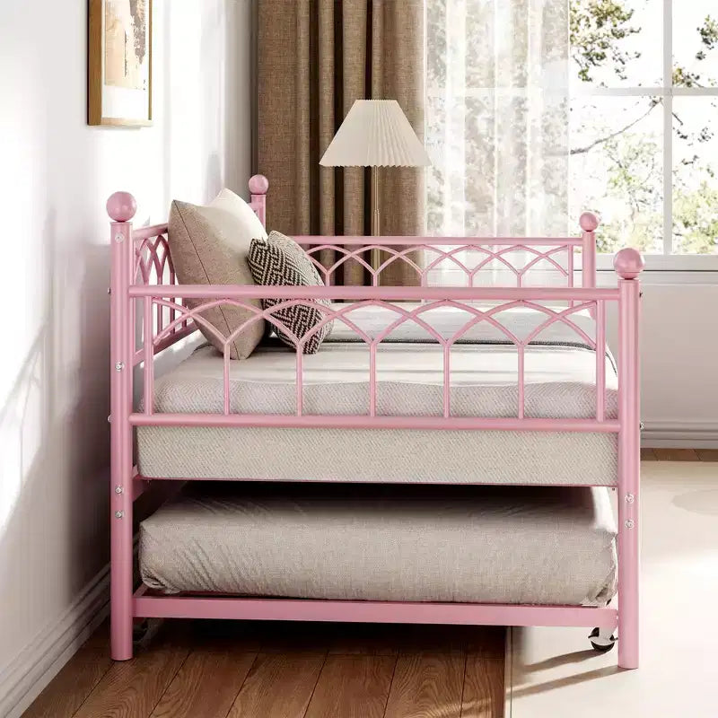 Lit de repos/lit gigogne COZONY deux places, cadre en acier, lattes de soutien, roulettes verrouillables, rose
