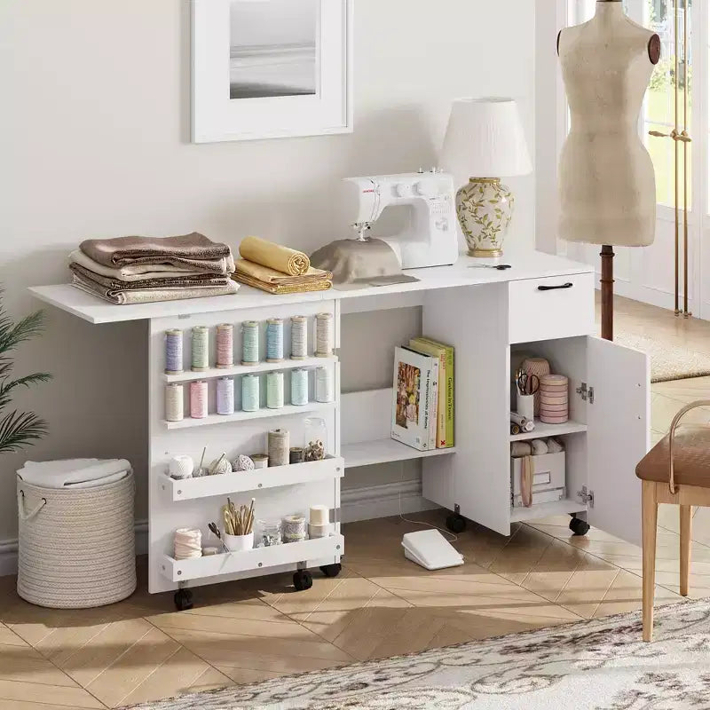 Table pliante pour machine à coudre, bureau d'appoint roulant pour machine à coudre, station de travail artisanale avec roulettes verrouillables pour la maison, la chambre, les petits espaces