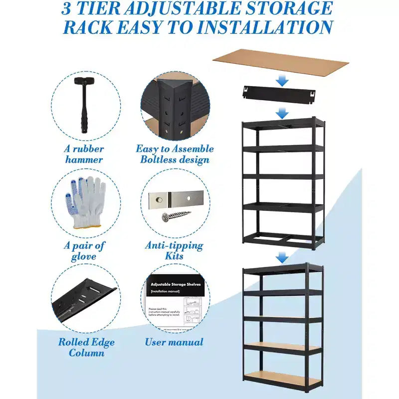 COZONY Étagères de garage robustes à 5 niveaux Étagères de rangement en métal réglables Étagères utilitaires avec panneaux MDF renforcés Capacité de 900 kg