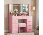 COZONY Coiffeuse de maquillage 42 LED avec grand miroir, 8 tiroirs, station de charge et tabouret de rangement, Rose