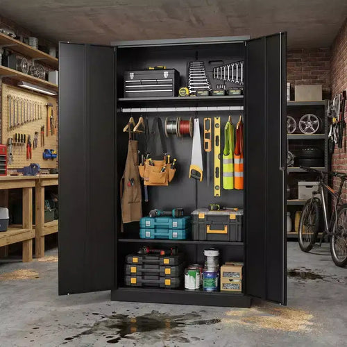 Armoire penderie en acier robuste de 183 cm avec serrure, armoires de rangement de garage en métal, armoire de rangement en métal pour la maison, la chambre, le bureau, le placard