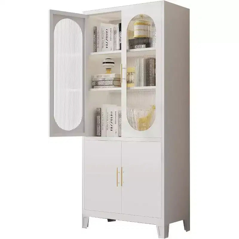 Meuble de rangement à portes en verre cannelé, Armoire de rangement blanche avec 2 portes en verre et étagères réglables, Buffet moderne pour salon, salle à manger, entrée