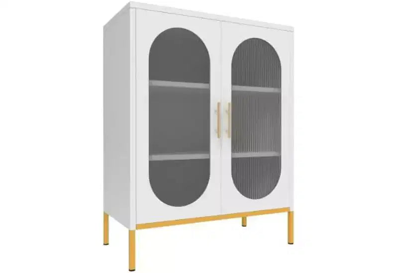 Meuble de rangement à portes en verre cannelé, Armoire de rangement blanche avec 2 portes en verre et étagères réglables, Buffet moderne pour salon, salle à manger, entrée