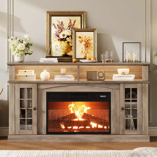 Meuble TV compatible 70 pouces, Console multimédia 58 pouces, Meuble TV moderne effet bois avec lumières LED, Rangement avec portes en verre et étagères réglables