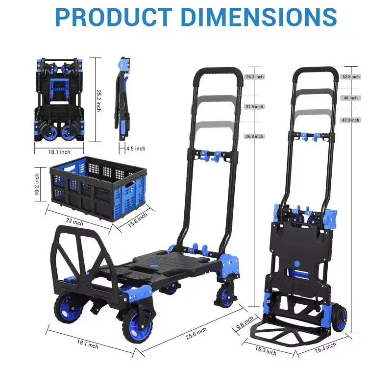 Diable pliable COZONY 2-en-1, capacité de 150 kg avec panier, poignée rétractable et 4 roues