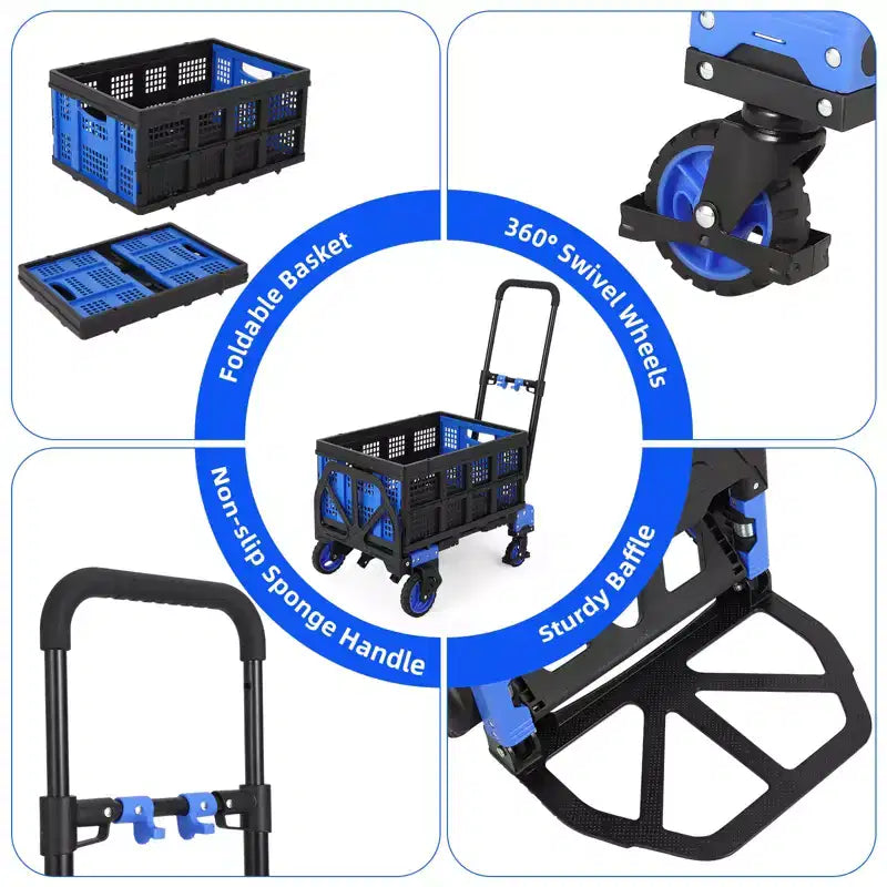 Diable pliable COZONY 2-en-1, capacité de 150 kg avec panier, poignée rétractable et 4 roues