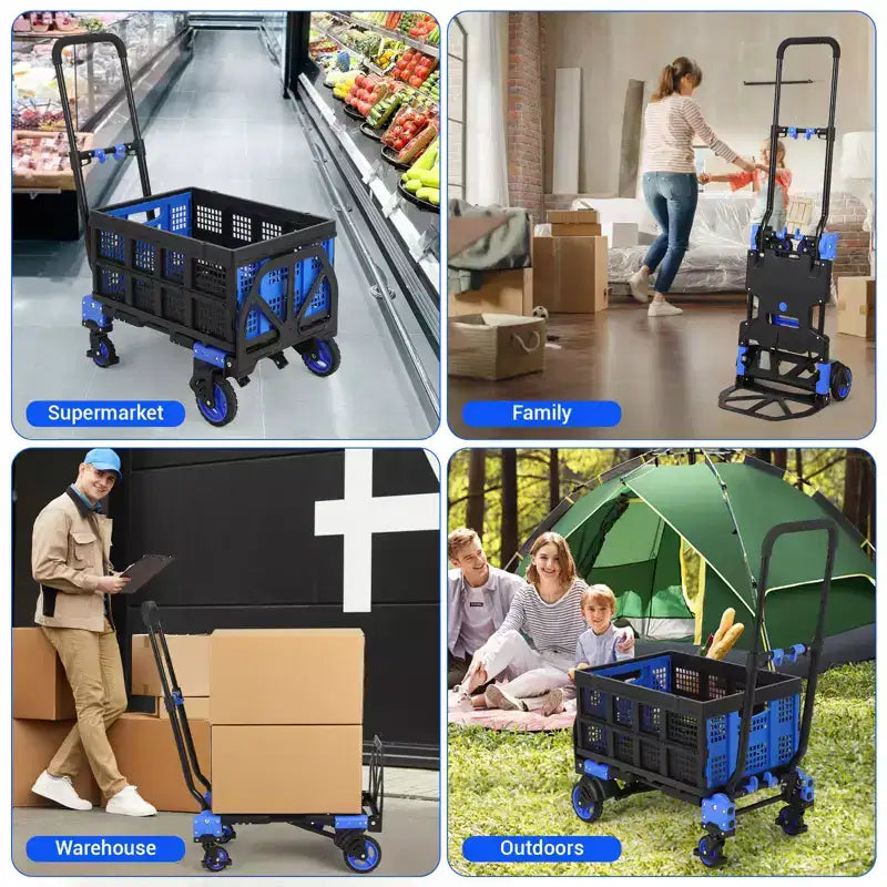 Diable pliable COZONY 2-en-1, capacité de 150 kg avec panier, poignée rétractable et 4 roues