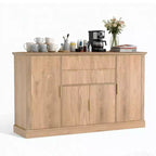 Buffet bahut de 58 po style ferme moderne avec poignées dorées, 4 portes, 2 tiroirs, étagère réglable – Bar à café, salle à manger design cannelé