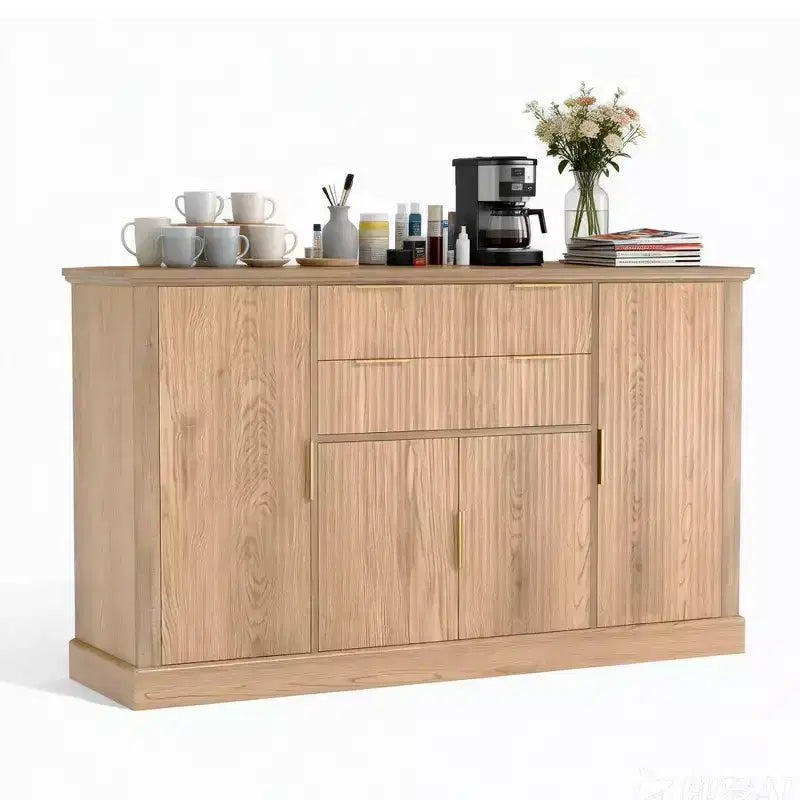 Buffet bahut de 58 po style ferme moderne avec poignées dorées, 4 portes, 2 tiroirs, étagère réglable – Bar à café, salle à manger design cannelé