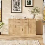 Buffet bahut de 58 po style ferme moderne avec poignées dorées, 4 portes, 2 tiroirs, étagère réglable – Bar à café, salle à manger design cannelé