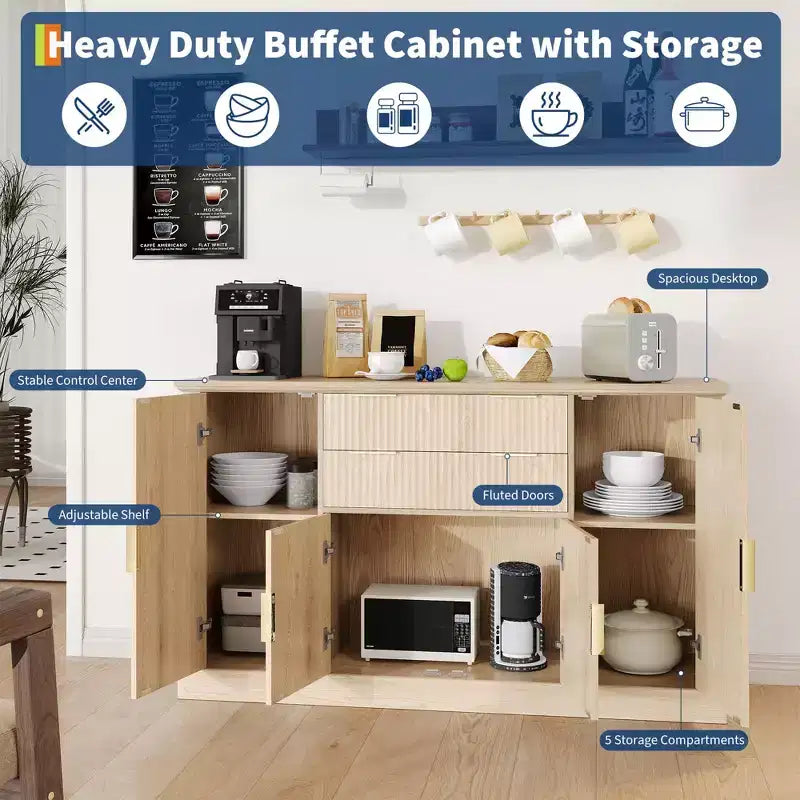 Buffet bahut de 58 po style ferme moderne avec poignées dorées, 4 portes, 2 tiroirs, étagère réglable – Bar à café, salle à manger design cannelé