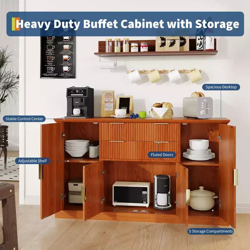 Buffet bahut de 58 po style ferme moderne avec poignées dorées, 4 portes, 2 tiroirs, étagère réglable – Bar à café, salle à manger design cannelé