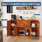 Buffet bahut de 58 po style ferme moderne avec poignées dorées, 4 portes, 2 tiroirs, étagère réglable – Bar à café, salle à manger design cannelé