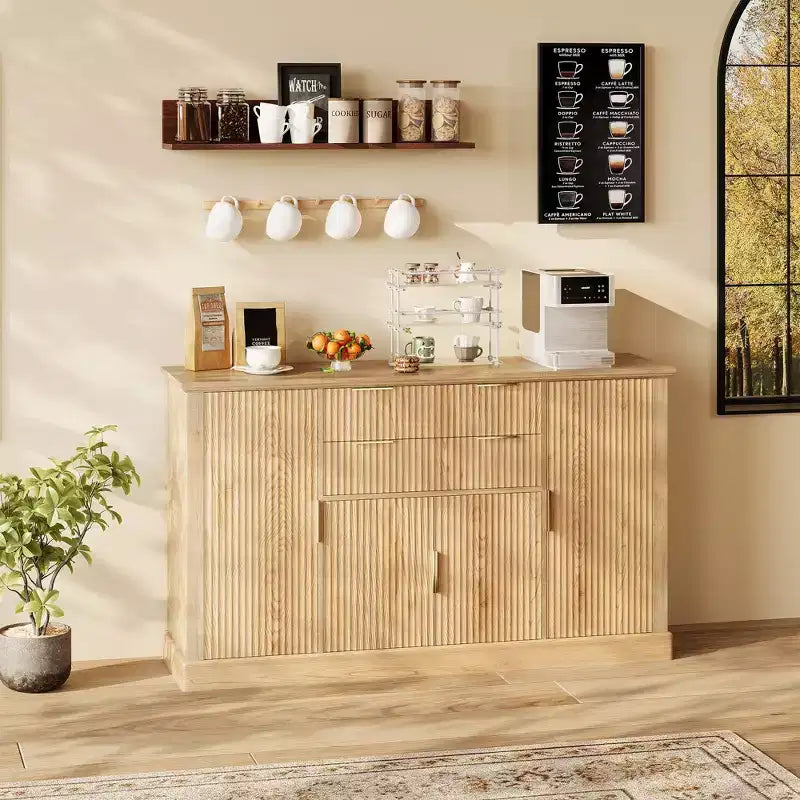 Buffet bahut de 58 po style ferme moderne avec poignées dorées, 4 portes, 2 tiroirs, étagère réglable – Bar à café, salle à manger design cannelé