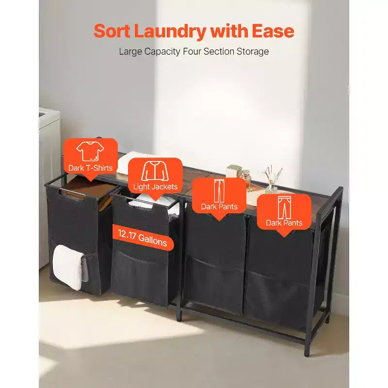 Trieur de linge VEVOR à 4 sections, Grand panier à linge avec cadre en métal et plateau en bois, Paniers de rangement autonomes, Noir
