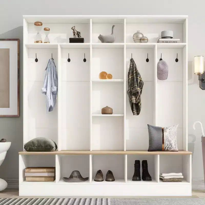 GDFStudio Jessica Arbre d'entrée multifonctionnel et large avec banc de rangement et armoire à chaussures