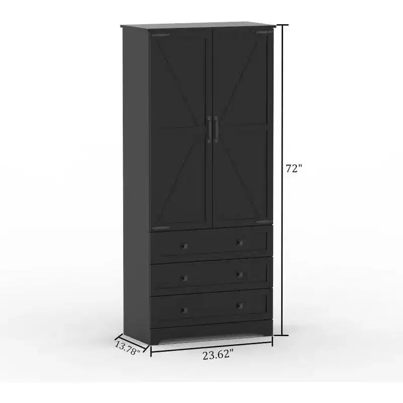 Grand meuble de cuisine de 72 po en bois de style rustique avec étagères réglables, 2 portes de grange et 3 tiroirs, rangement polyvalent