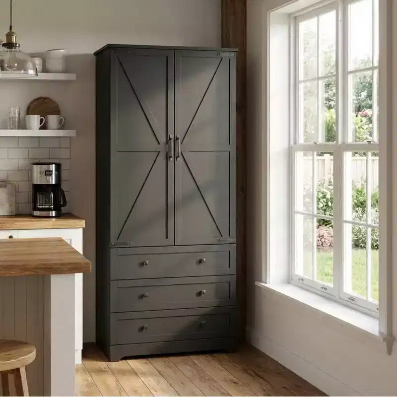 Grand meuble de cuisine de 72 po en bois de style rustique avec étagères réglables, 2 portes de grange et 3 tiroirs, rangement polyvalent
