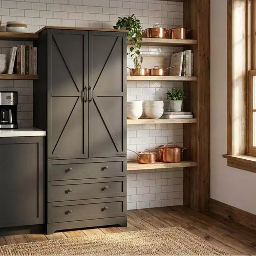 72 Tall Large Wood Farmhouse Kitchen Pantry Cabinet with Adjustable Shelves & 2 Barn Doors & 3 Drawer, Versatile Storage