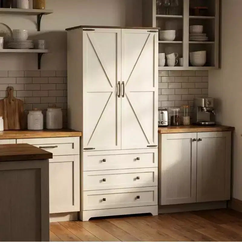 Grand meuble de cuisine de 72 po en bois de style rustique avec étagères réglables, 2 portes de grange et 3 tiroirs, rangement polyvalent
