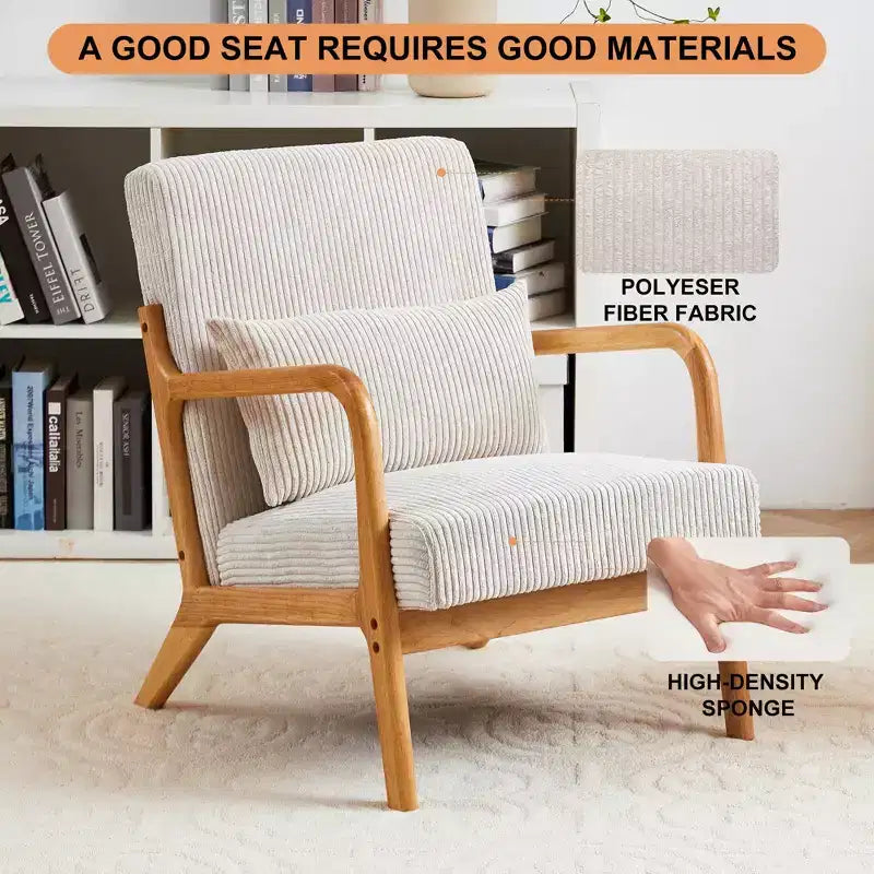 Fauteuil d'appoint rembourré moderne FurnitureR avec accoudoirs en bois massif, fauteuil de salon en tissu texturé pour salon, chambre à coucher, coin lecture