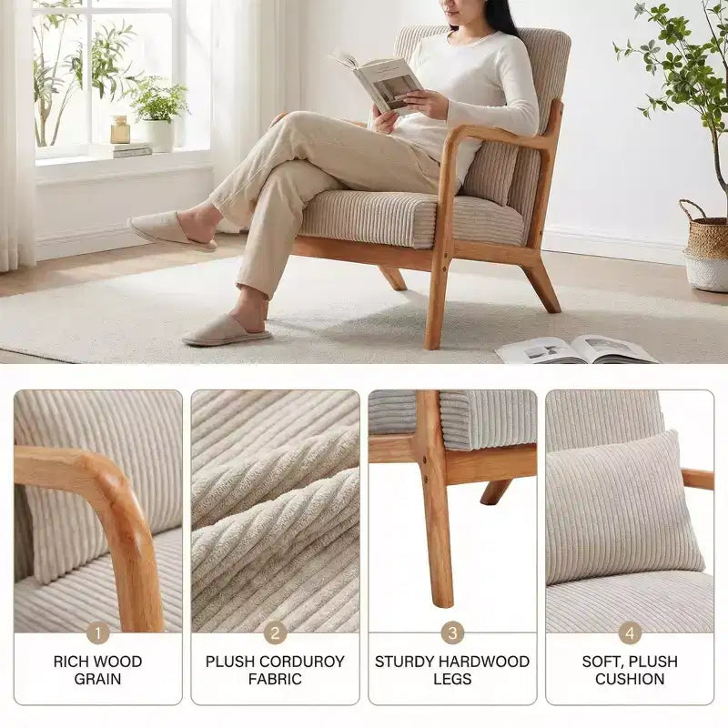 Fauteuil d'appoint rembourré moderne FurnitureR avec accoudoirs en bois massif, fauteuil de salon en tissu texturé pour salon, chambre à coucher, coin lecture