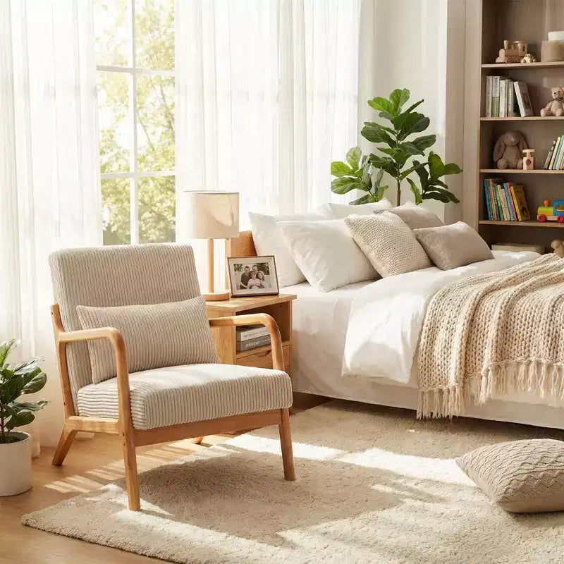 Fauteuil d'appoint rembourré moderne FurnitureR avec accoudoirs en bois massif, fauteuil de salon en tissu texturé pour salon, chambre à coucher, coin lecture
