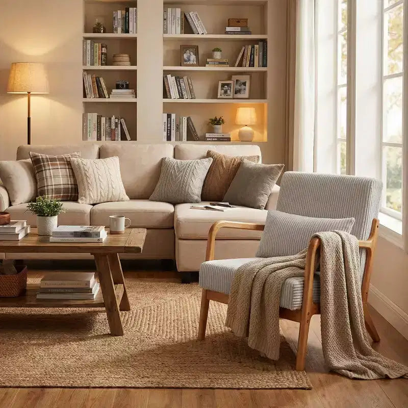 Fauteuil d'appoint rembourré moderne FurnitureR avec accoudoirs en bois massif, fauteuil de salon en tissu texturé pour salon, chambre à coucher, coin lecture
