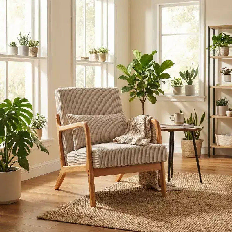 Fauteuil d'appoint rembourré moderne FurnitureR avec accoudoirs en bois massif, fauteuil de salon en tissu texturé pour salon, chambre à coucher, coin lecture