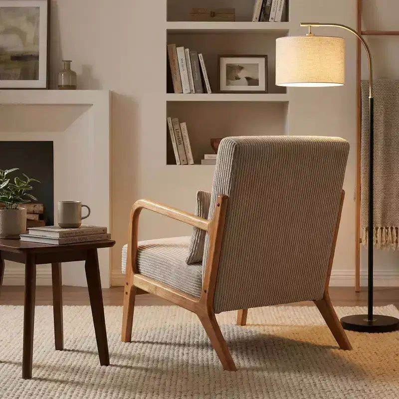 Fauteuil d'appoint rembourré moderne FurnitureR avec accoudoirs en bois massif, fauteuil de salon en tissu texturé pour salon, chambre à coucher, coin lecture