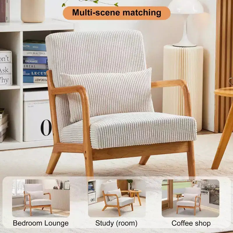 Fauteuil d'appoint rembourré moderne FurnitureR avec accoudoirs en bois massif, fauteuil de salon en tissu texturé pour salon, chambre à coucher, coin lecture