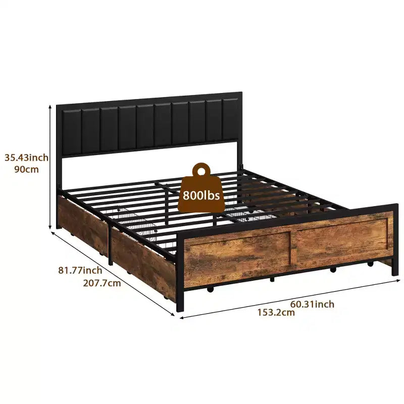 Cadre de lit Dyonery Queen Size, cadre de lit plateforme en métal avec tête de lit en bois à rivets, 15 lattes de soutien robustes en fer, grand espace de rangement sous le lit.