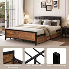 Cadre de lit Dyonery Queen Size, cadre de lit plateforme en métal avec tête de lit en bois à rivets, 15 lattes de soutien robustes en fer, grand espace de rangement sous le lit.