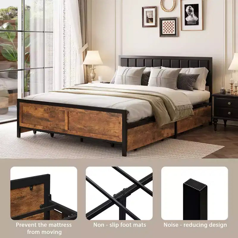 Cadre de lit Dyonery Queen Size, cadre de lit plateforme en métal avec tête de lit en bois à rivets, 15 lattes de soutien robustes en fer, grand espace de rangement sous le lit.