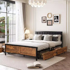 Cadre de lit Dyonery Queen Size, cadre de lit plateforme en métal avec tête de lit en bois à rivets, 15 lattes de soutien robustes en fer, grand espace de rangement sous le lit.