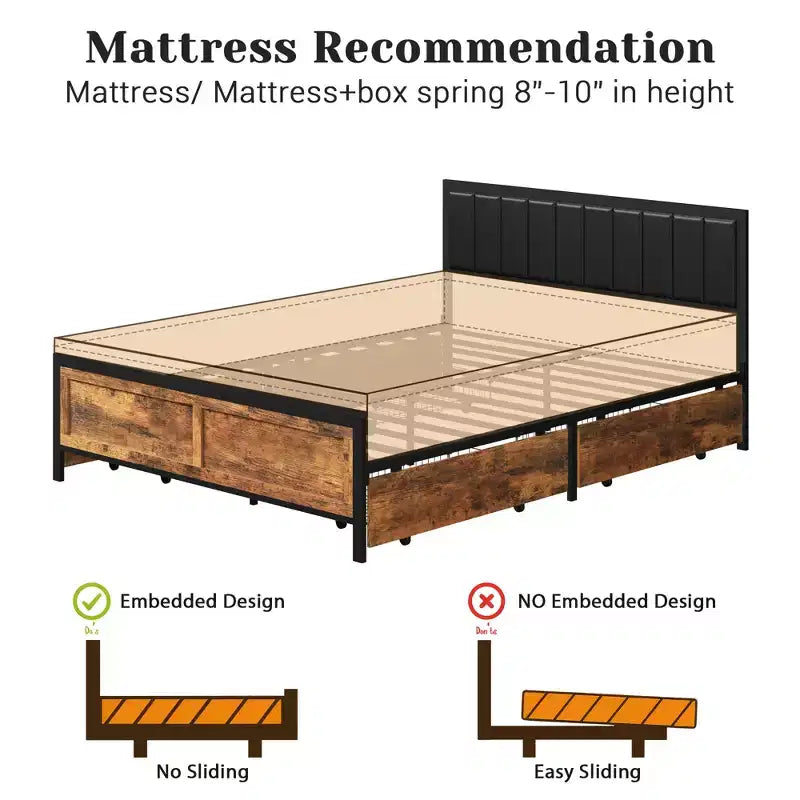 Cadre de lit Dyonery Queen Size, cadre de lit plateforme en métal avec tête de lit en bois à rivets, 15 lattes de soutien robustes en fer, grand espace de rangement sous le lit.