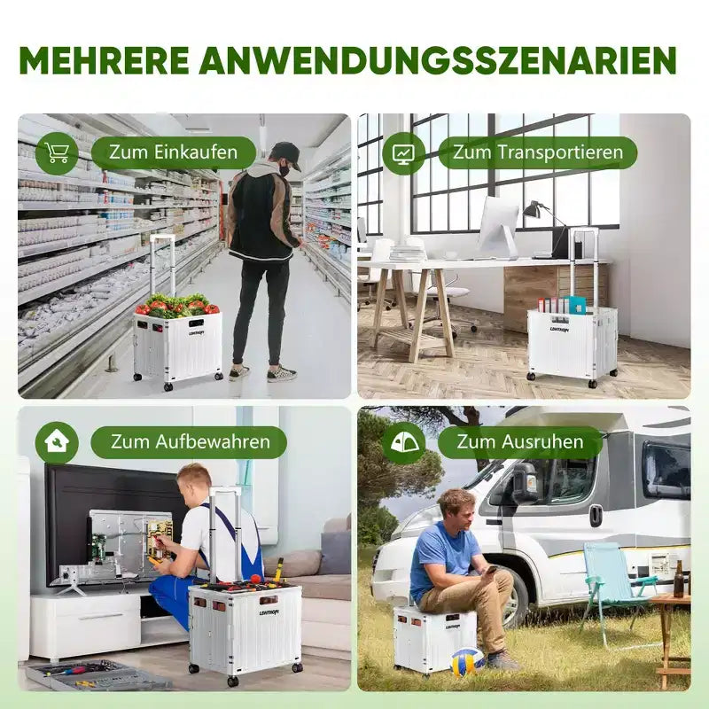 Chariot de courses utilitaire pliable blanc de 65 L avec poignée réglable et roues pivotantes, chariot roulant portable pour l'épicerie, la lessive et les voyages