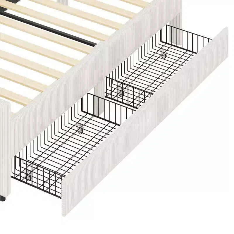 Lit de repos d'angle en velours côtelé Whisen, taille double, avec cadre de lit rembourré et 2 tiroirs de rangement