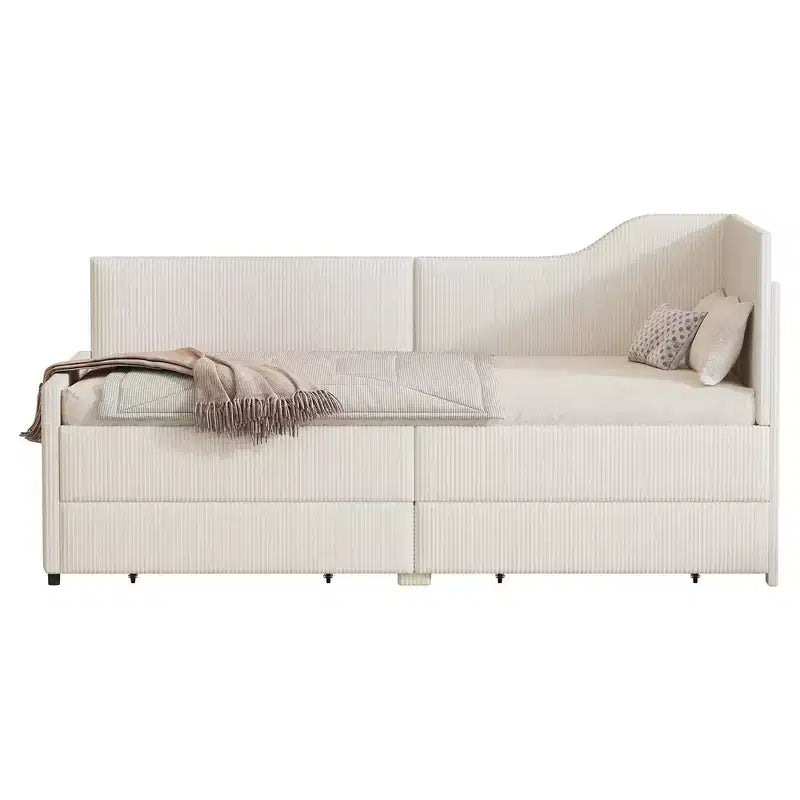 Lit de repos d'angle en velours côtelé Whisen, taille double, avec cadre de lit rembourré et 2 tiroirs de rangement