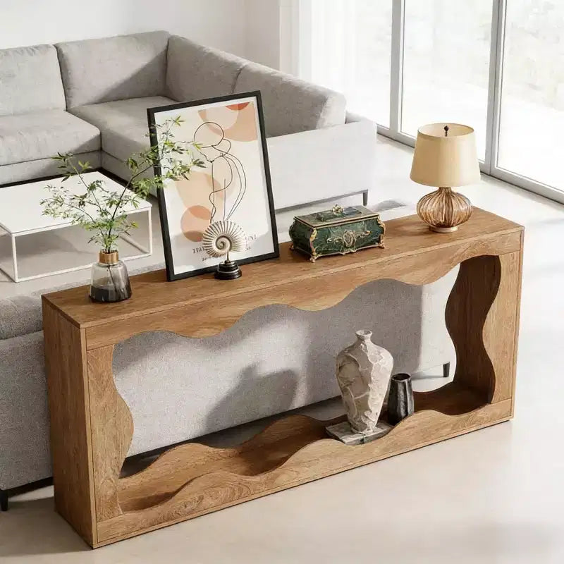 Console moderne de 63 po avec motif ondulé, table étroite pour entrée, table de canapé à 2 niveaux pour salon ou couloir - Panipeachy