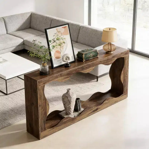 Console moderne de 63 po avec motif ondulé, table étroite pour entrée, table de canapé à 2 niveaux pour salon ou couloir - Panipeachy
