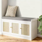 Banc de rangement pour chaussures de style campagnard avec portes en rotin tressé, petit banc d'entrée avec coussin amovible en lin pour petits espaces - Panipeachy