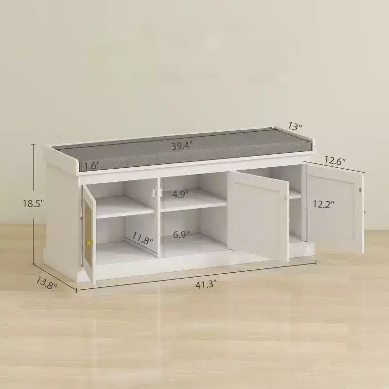 Banc de rangement pour chaussures de style campagnard avec portes en rotin tressé, petit banc d'entrée avec coussin amovible en lin pour petits espaces - Panipeachy