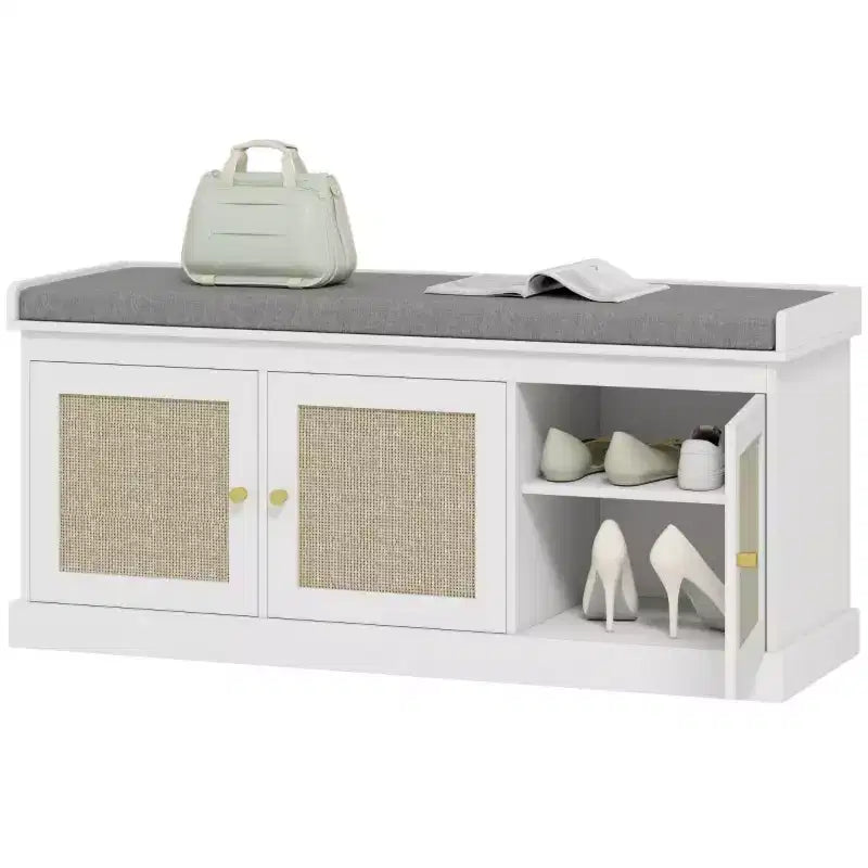 Banc de rangement pour chaussures de style campagnard avec portes en rotin tressé, petit banc d'entrée avec coussin amovible en lin pour petits espaces - Panipeachy