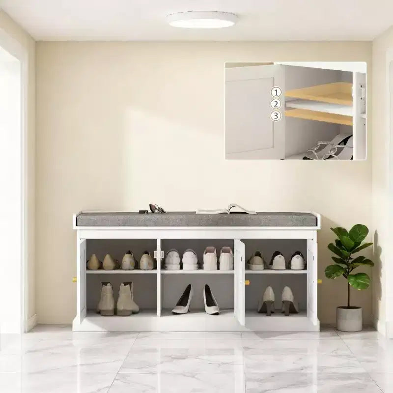 Banc de rangement pour chaussures de style campagnard avec portes en rotin tressé, petit banc d'entrée avec coussin amovible en lin pour petits espaces - Panipeachy