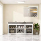 Banc de rangement pour chaussures de style campagnard avec portes en rotin tressé, petit banc d'entrée avec coussin amovible en lin pour petits espaces - Panipeachy