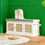 Banc de rangement pour chaussures de style campagnard avec portes en rotin tressé, petit banc d'entrée avec coussin amovible en lin pour petits espaces - Panipeachy