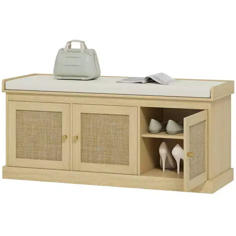 Banc de rangement pour chaussures de style campagnard avec portes en rotin tressé, petit banc d'entrée avec coussin amovible en lin pour petits espaces - Panipeachy
